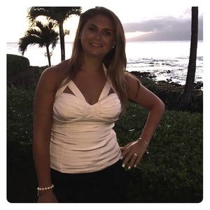 Pale pink pleated halter top.